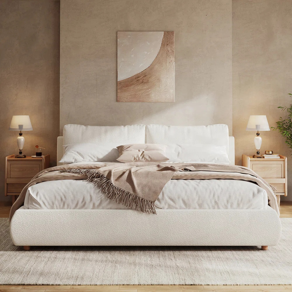 Boucle Fabric Upholstered Platform Bed with Two Removable Pillow Headboard | Wayfair North America