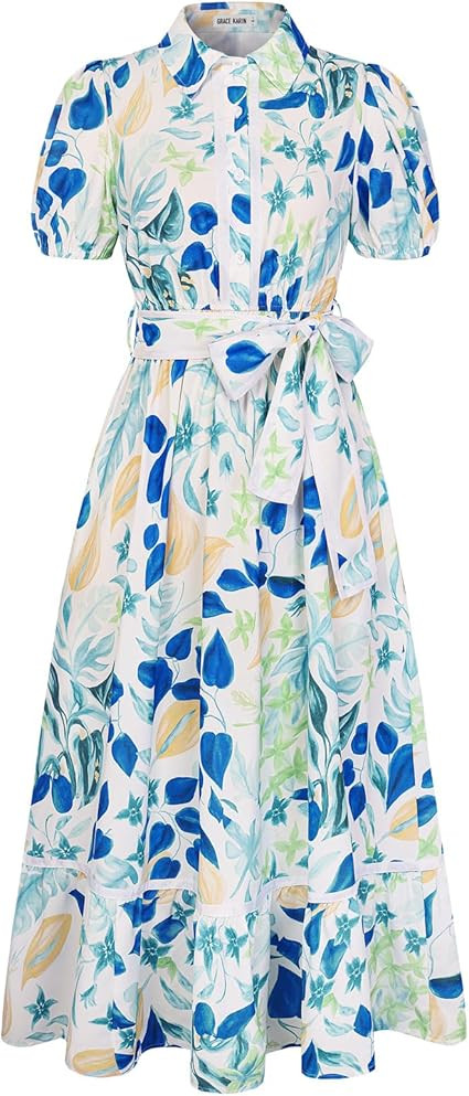 GRACE KARIN Women Summer Floral Maxi Dresses 2026 Wedding Guest Puff Sleeve Shirt Sundresses Boho... | Amazon (US)