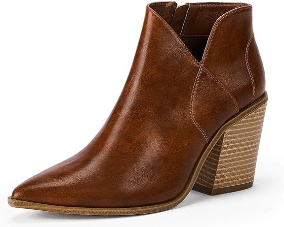 Womens Pointed Toe Ankle Boots Block Stacked Chunky Heel Cutout Side Zipper Fall Booties Shoe | Amazon (US)