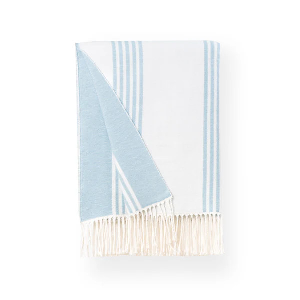 Coastal Throw Blanket, Vertical Stripes with Fringe, Baby Blue, 52"x71" | Hofdeco