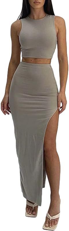 FAIMILORY Women's Summer Two Piece Dress Set, Long Skirt with Crop Tank Top | Amazon (US)