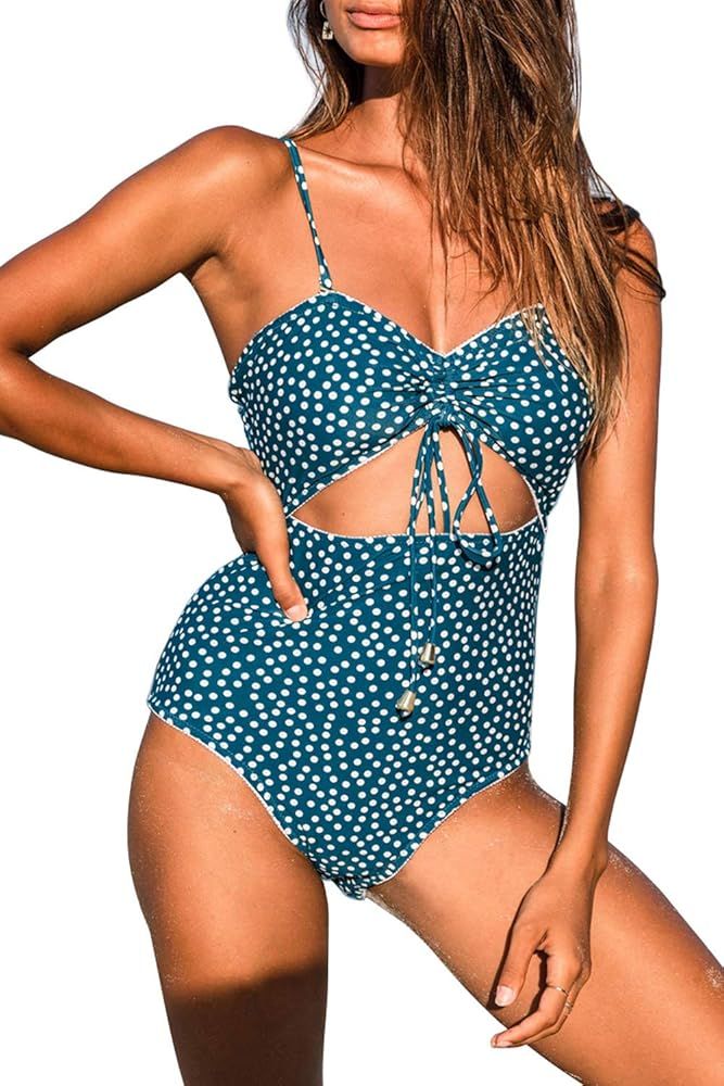 Womens One Piece Swimsuits Polka Dot High Waist Bathing Suit Cutout Swimwear Monokini Tie Knot | Amazon (US)