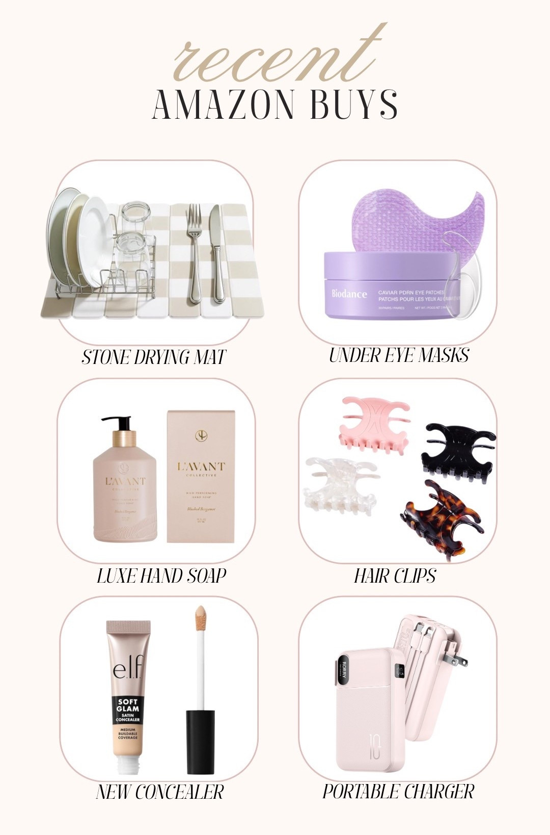 Amazon recent purchases! 🤍 

Stone drying mat, Korean beauty, biodance, viral skincare, under eye patches, L’avant collections hand soap, kitchen finds, designer hair clips, elf concealer, new arrival, portable charger, travel, fancythingsblog 

#LTKHome #LTKBeauty #LTKTravel