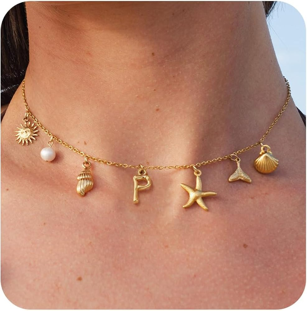 Charm Necklaces for Women, Trendy Boho 14K Gold Plated Initial Necklace Starfish Pearl SeaShells ... | Amazon (US)