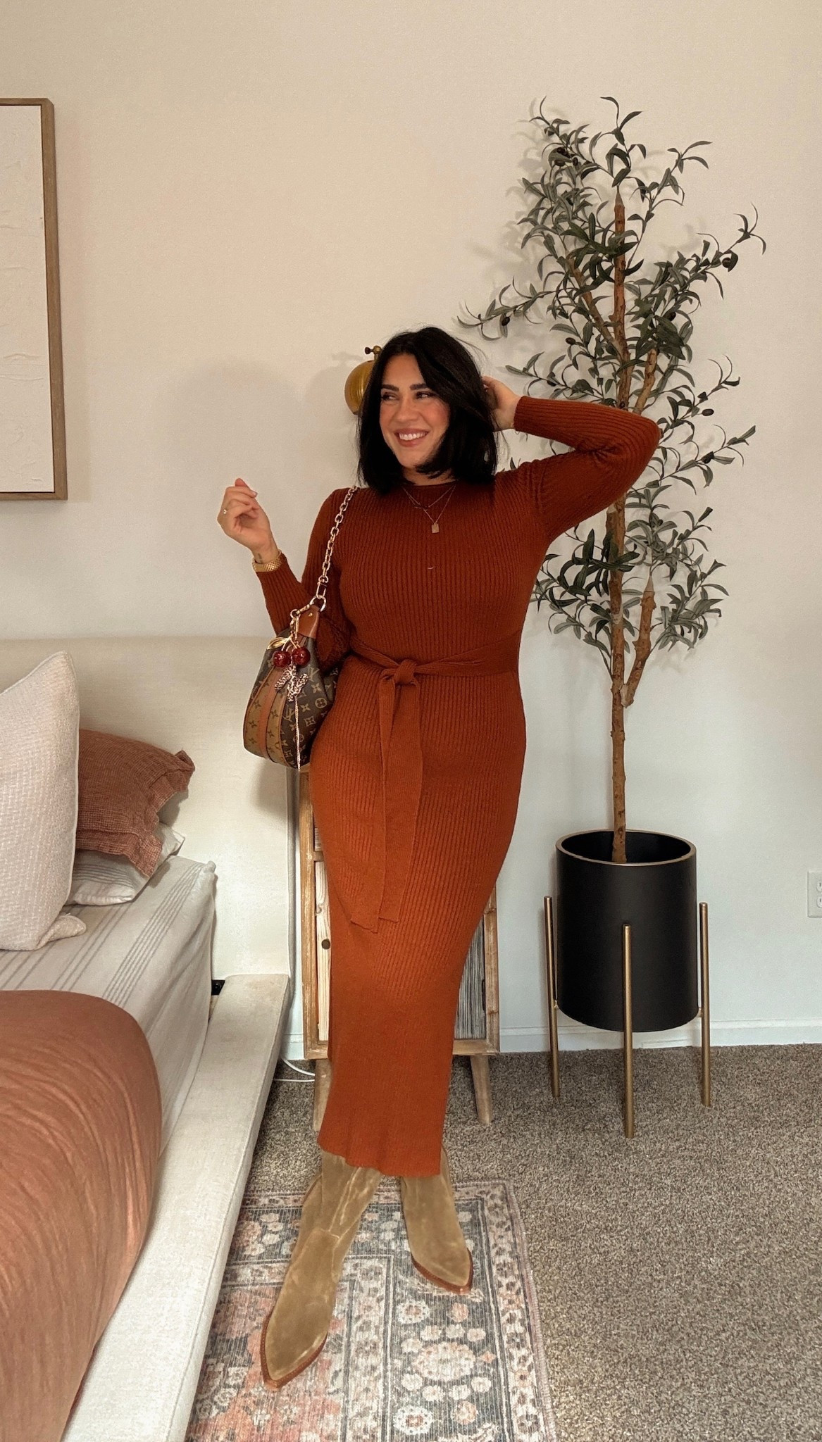 The best sweater dress finally back in stock! Posting here first because you guys sold it out in 30 minutes last time 😳Elevated but comfortable Thanksgiving outfit! Holiday look for midsize! 

Dress: M (very stretchy) 
Boots: wide calf 
Shapewear: L (ninaxspanx for 15% off)
Bra: L (ninafs15) 

Mom style, fall outfit, elevated and chic, business casual, workwear, sweater dress, midsize fashion, size 10 fashion, apple shape fashion, thick tummy style. 

#LTKFindsUnder50 #LTKHoliday #LTKSeasonal