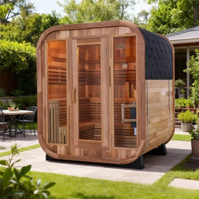 Helius Outdoor Square Sauna Kit In Patchwork Red Cedar, Traditional Steam Sauna With Waterproof Tile & Accessories | Wayfair North America