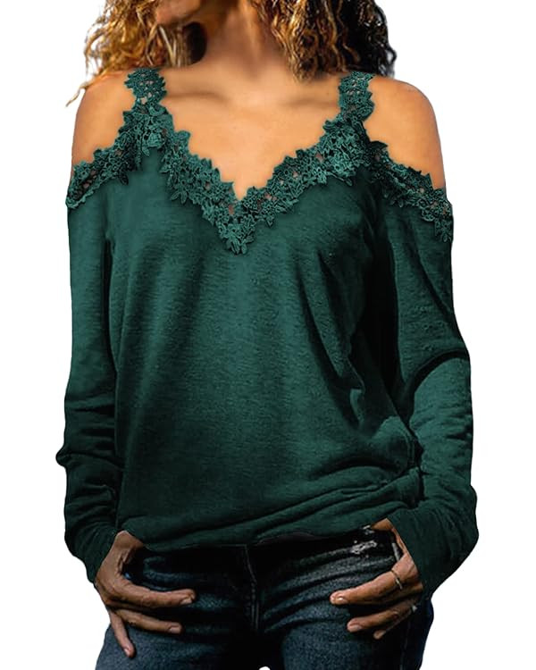 Dokotoo Women's Casual Loose Cold Shoulder Tops Halter Neck Hollowed Out Long Sleeve Shirts | Amazon (US)