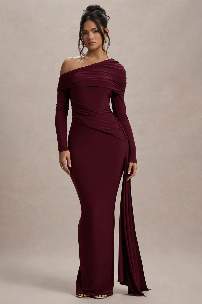 Valina  Burgundy Ruched Asymmetric Maxi Dress With Drape | Club L London