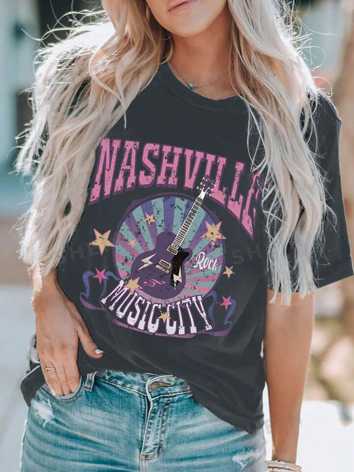 SHEIN EZwear Guitar And Letter Graphic Drop Shoulder Tee | SHEIN