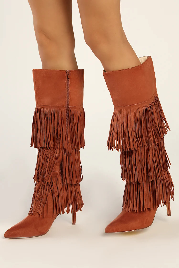 Shaniaa Chestnut Suede Fringe Pointed-Toe Knee High Boots | Lulus (US)