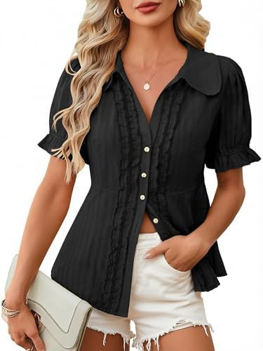 ECOWISH Women's Button Down Shirt - Peter Pan Collar Cotton Blouse Summer Dressy Short Sleeve Loo... | Amazon (US)