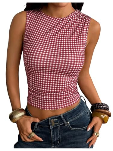 Milumia Women's Gingham Top Sleeveless Ruched Fitted Tank Tops Going Out Y2k Coquette Clothes Red Large | Amazon (US)