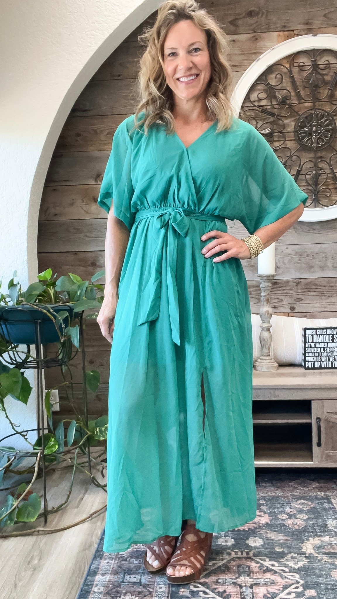 I want to love this flowy dress but unfortunately it’s just not for me. I’m still sharing because it really is a pretty dress (other colors available) fits TTS I’m wearing a medium. This green is really pretty, the dress has a half skirt liner so no show through. Belt is removable, elastic waste and tiny hidden snap closes the front or you can leave it open for a deeper V-neck. I really do think it’s a great dress. I just don’t love it on my body. ☺️ #falldress #dress #flowydress 

#LTKStyleTip #LTKOver40 #LTKFindsUnder50