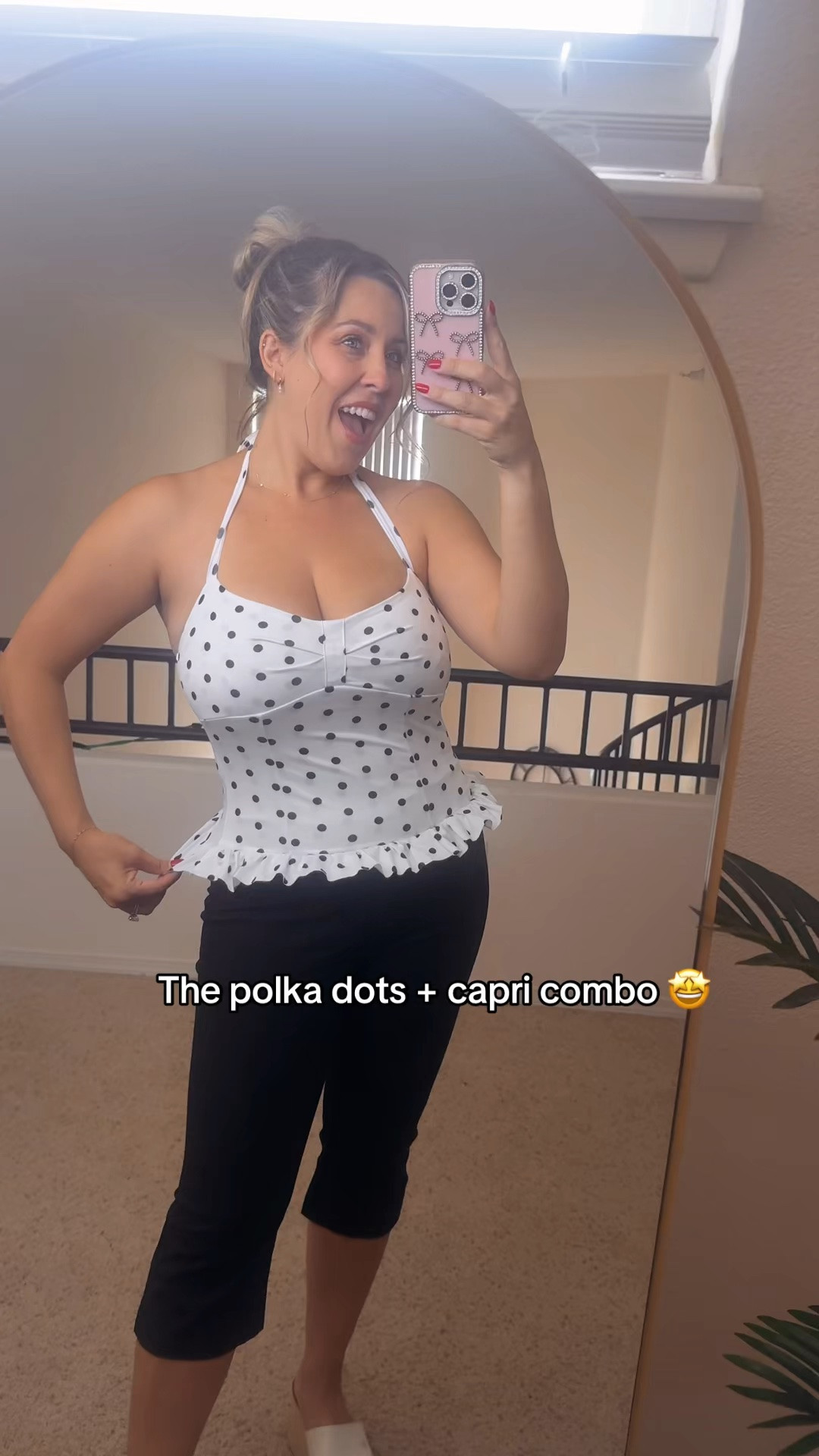 Capris + polka dots 🎀🖤🤍 
I fear the capri comeback officially got me! Such a cute, easy summer outfit with a little retro feel ✨ 

Polka dots peplum top
Summer looks
Summer fashion 
Halter top

#LTKootd #LTKU #LTKSeasonal