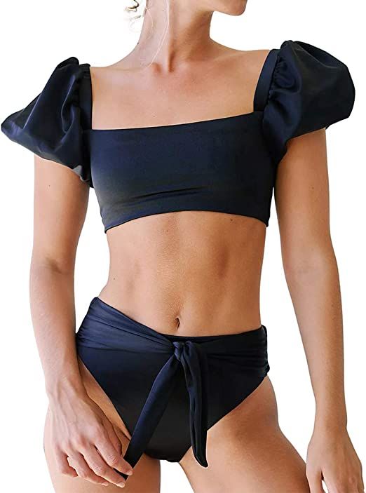 ZAFUAZ Women's High Waisted Bandeau Bikini Set,Fashion Puff Sleeve Swimwear Set Sexy Bathing Suit... | Amazon (US)