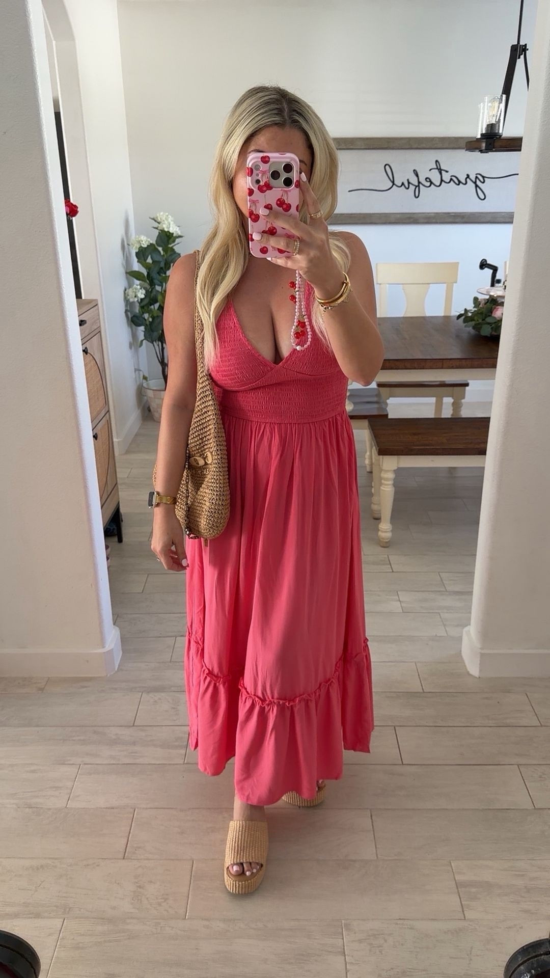 Maxi dress outfit
Spring dress small
Vacation, resort, date night outfit
Raffia Coach bag 
Wedges so comfy and cute 

#LTKootd