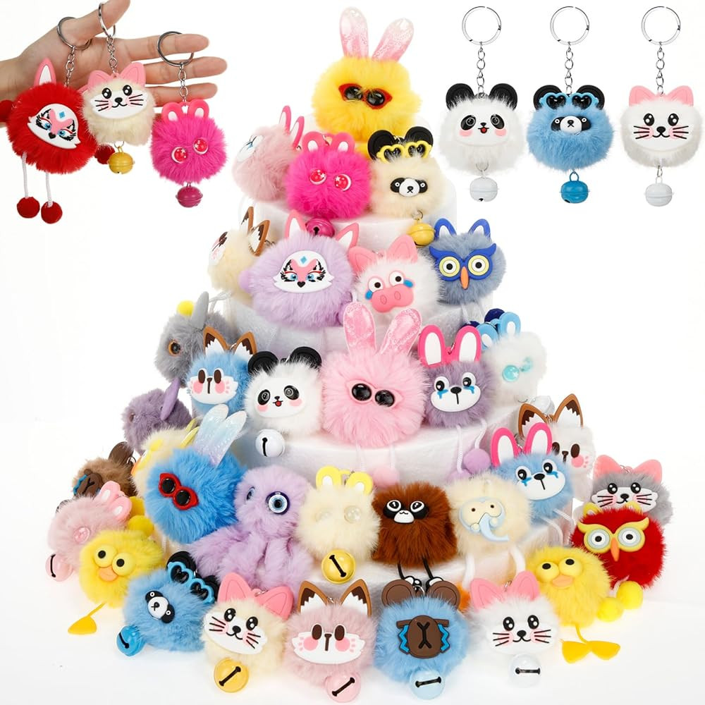 48 Pcs Kawaii Keychains Bulk Cute Plush Keychains Fluffy Pompoms Balls with Tassels and Keyrings ... | Amazon (US)