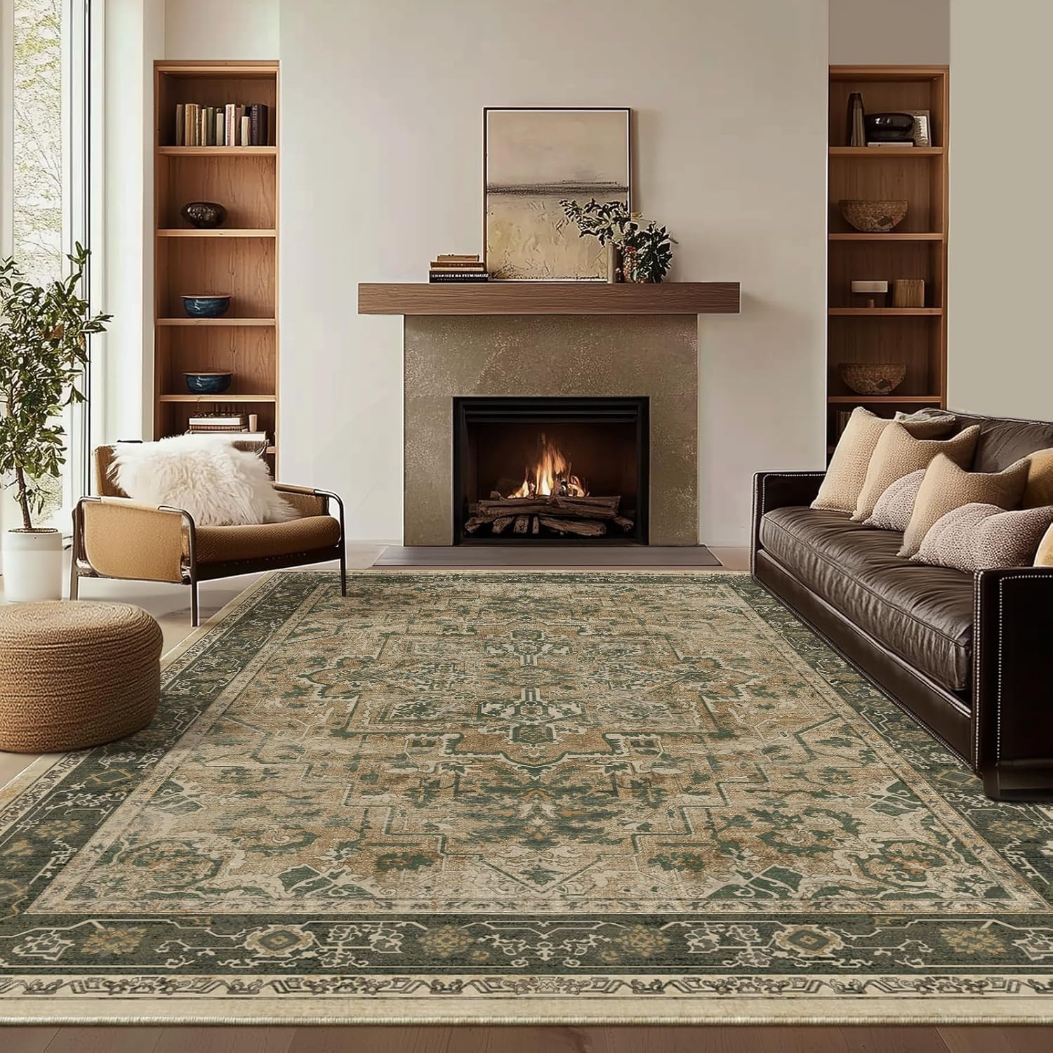 Retro 7x9 Area Rug for Living Room, Distressed Medallion Dining Room Rug Under Table, Washable Non Slip Thin Carpet Rugs for Bedroom Under Bed Home Office, Multi Brown/Olive | Amazon (US)