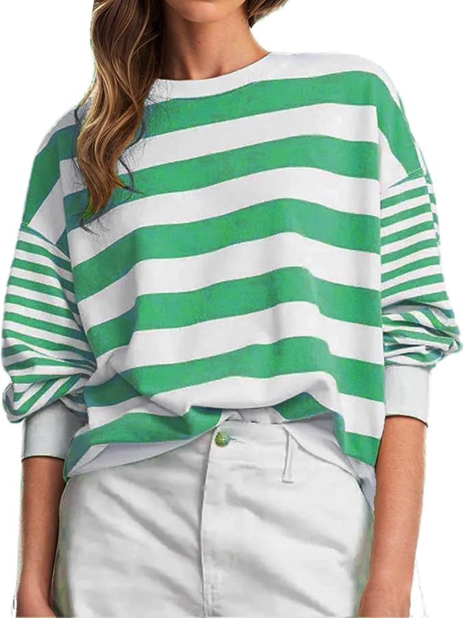 Women's Long Sleeve Tops Casual Color Block Striped Crewneck Sweatshirts Drop Shoulder Pullover F... | Amazon (US)