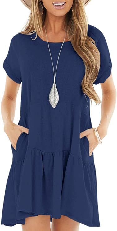 Women Short Sleeve Pocket Casual Plain Flexible Loose Ruffle Swing T-Shirt Dress | Amazon (US)