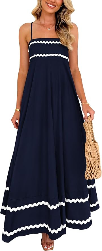 PRETTYGARDEN Women's 2025 Summer Flowy Maxi Dress Casual Sleeveless Spaghetti Strap Ruffle Beach ... | Amazon (US)