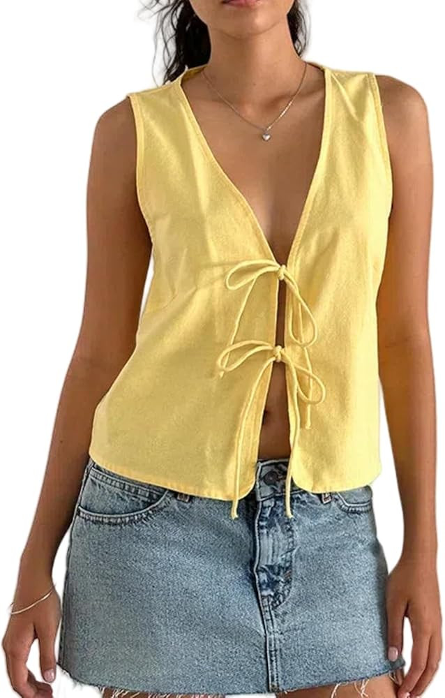 Tsultryofs Women's Vintage Bow Tie Front Vest Sleeveless Deep V Neck Tank Tops Y2K Summer Streetw... | Amazon (US)