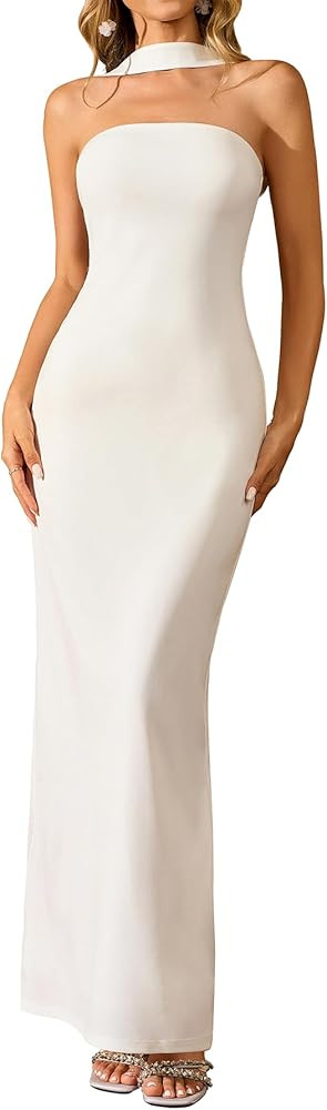 HTZMO Women Elegant Summer Bodycon Maxi Dress Halter Neck Formal Wedding Guest Cocktail Party Lon... | Amazon (US)