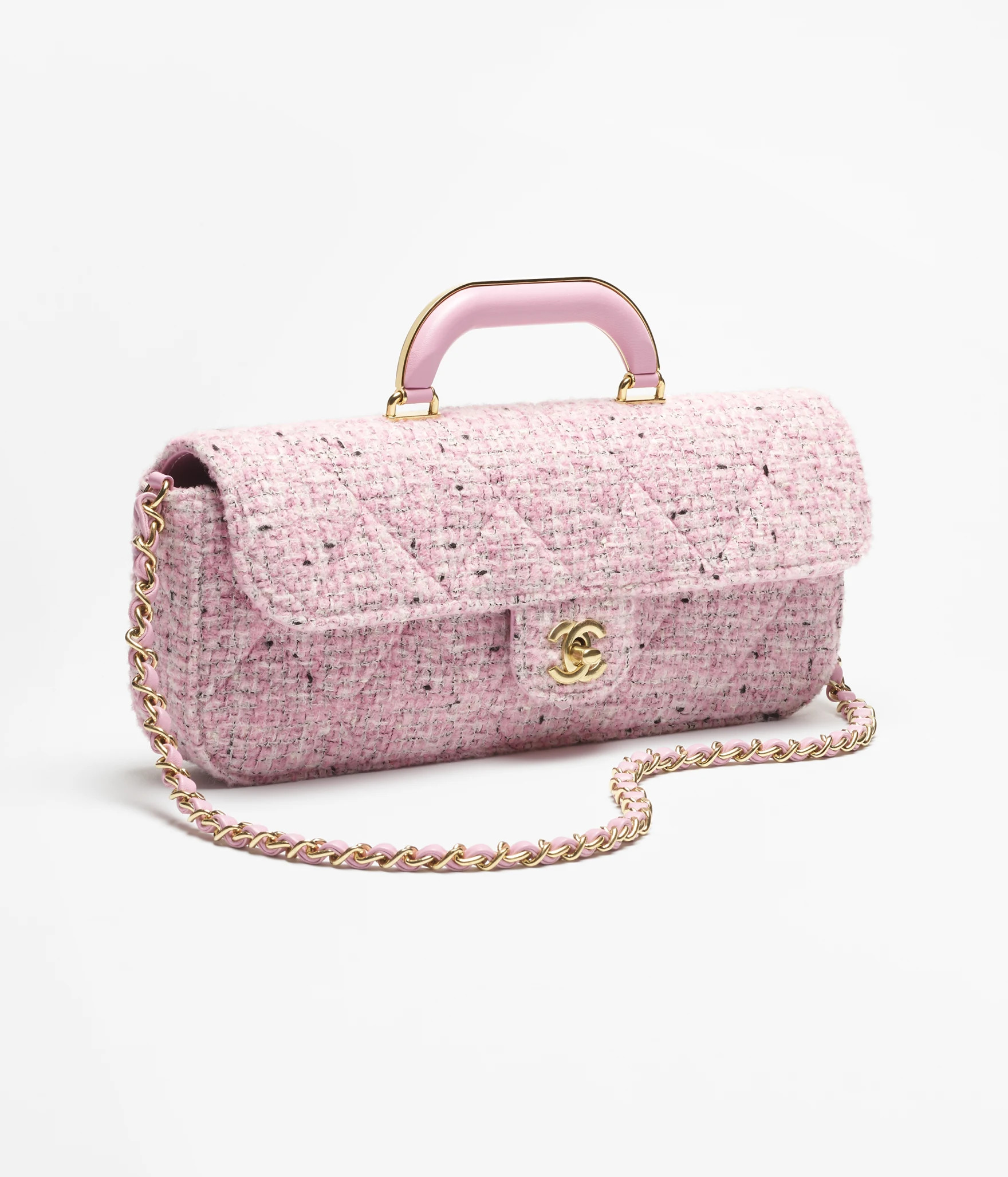 Large flap bag with top handle, Tweed & gold-tone metal, pink, black & white — Fashion | CHANEL | Chanel, Inc. (US)