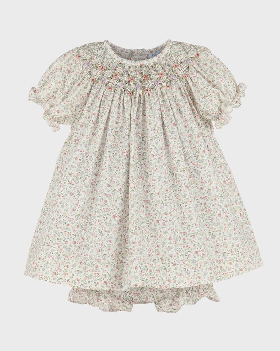 Girl's Floral Diamonds Smocked Bishop Dress W/ Bloomers, Size 6M-24M | Neiman Marcus
