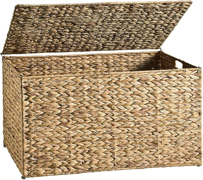 Water Hyacinth Storage Basket with Lid, 17.2 Gallon (65L) Wicker Storage Trunk with Handles, Hand... | Amazon (US)