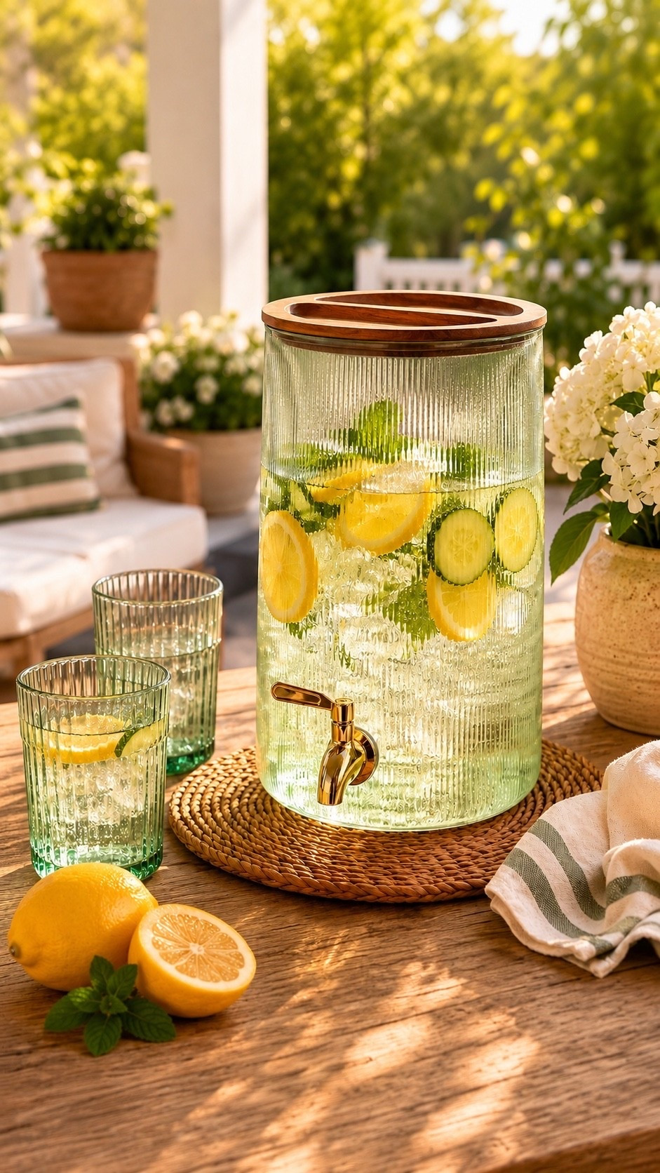Summer hosting just got a whole lot prettier ☀️🍋 This glass beverage dispenser is one of those pieces that looks far more expensive than it is. I love the ribbed glass, wood lid, and brass spout. Fill it with lemon water, iced tea, or a fun mocktail!

#LTKfoodie #LTKSeasonal #LTKHome