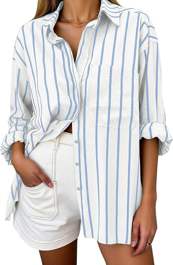 Oversized Button Down Shirts for Women Linen Shirt Long Sleeve Collared Blouses with Pocket Beach... | Amazon (US)