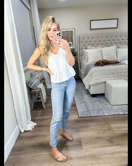 White peplum tank wearing size medium for extra length but could have done small
Jeans size 25
Amazon sandals true size
Spring outfit
Amazon fashion 

#LTKFind #LTKunder50 #LTKstyletip