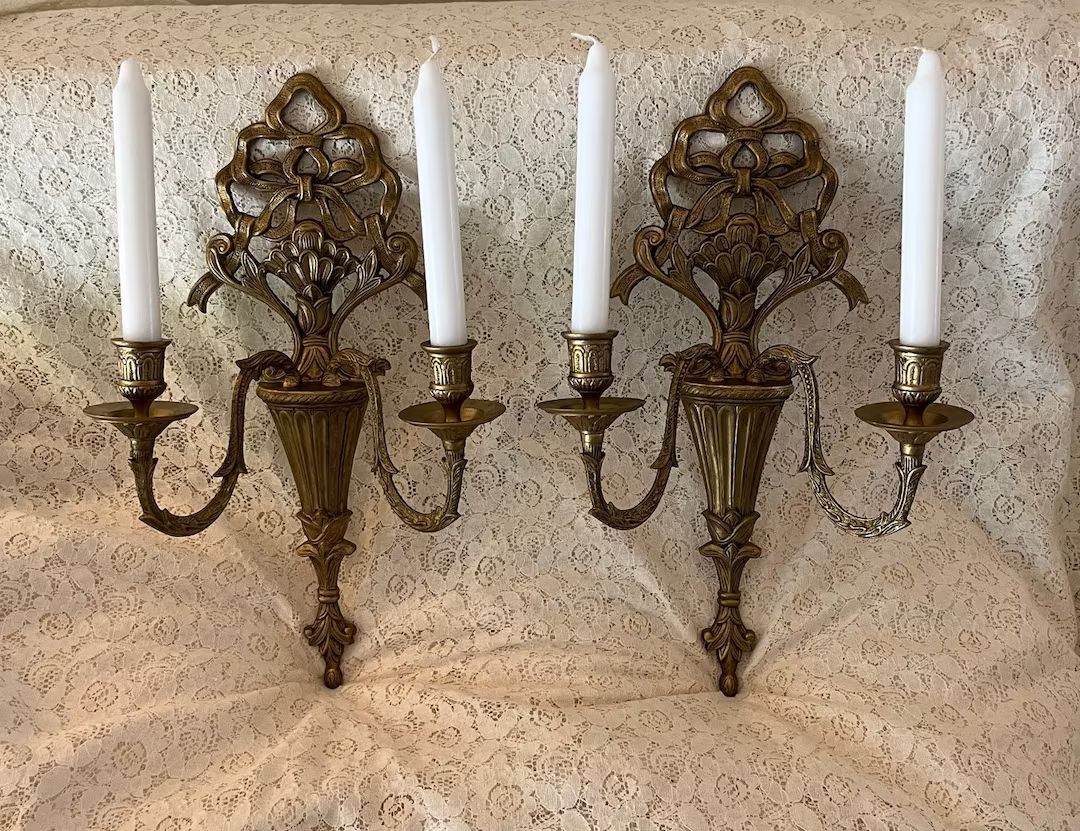 Pair of French-Style Large Sconces for Candles, Aged Brass Finish | Etsy (US)