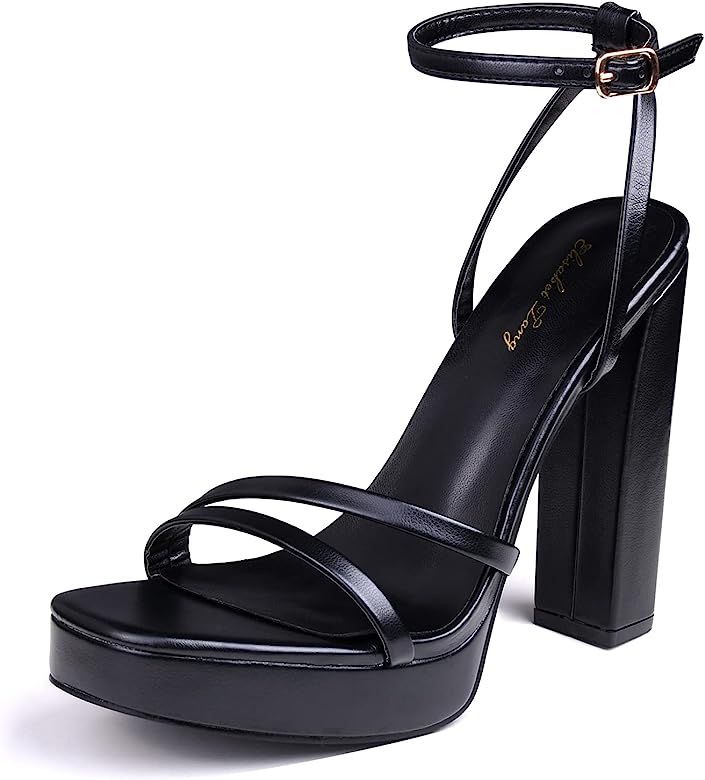 Elisabet Tang Women's Platform Heeled Sandals,5 inch Chunky Heels Platform Ankle Strap Block High He | Amazon (US)