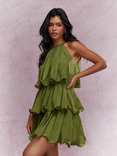 MISSGUIDED Boho Elegant Tiered Ruffle Mini Dress Sleeveless Halter Neck Party Dress St. Patrick's... | SHEIN