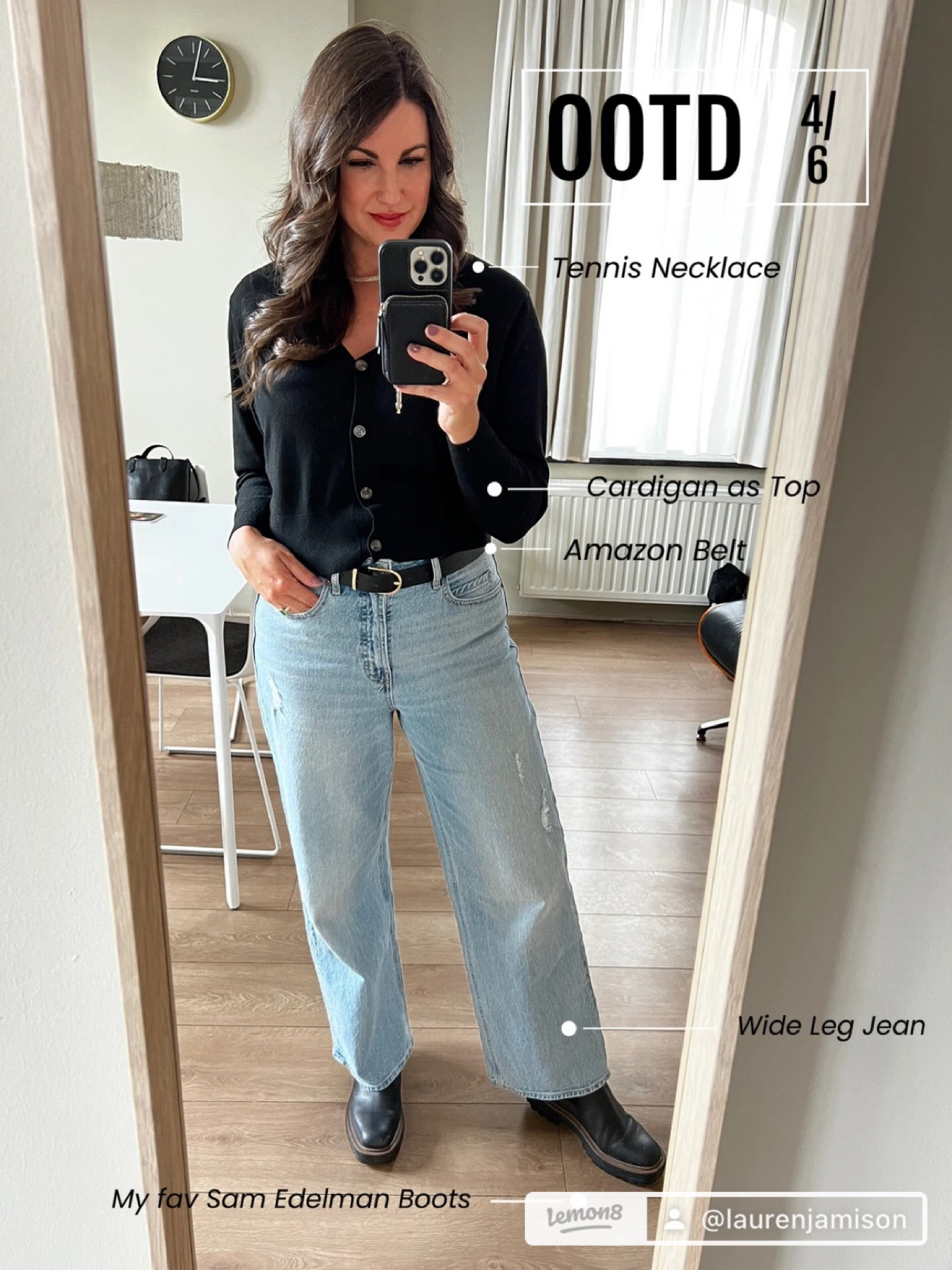 OOTD wide leg jeans, cardigan top, tennis necklace, Sam Edelman boots, black belt 

#LTKstyletip #LTKunder100 #LTKunder50