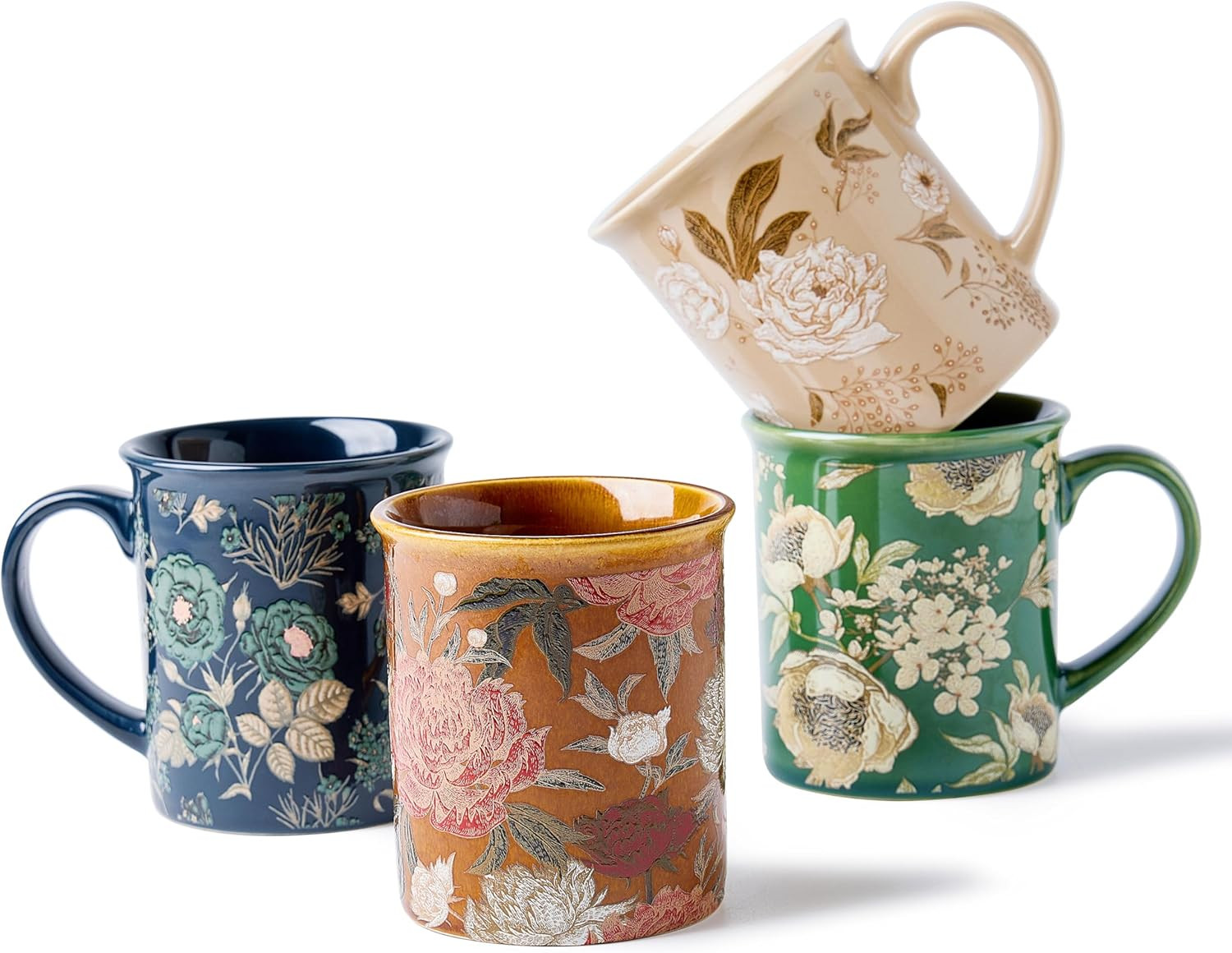 Coffee Mugs Set of 4, 12oz Ceramic Tea Cups with Floral Design, Hand wash only, Microwaveable, Gi... | Amazon (US)