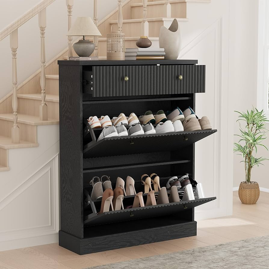 IDEALHOUSE Fluted Shoe Storage Cabinet with 2 Flip Drawers & Top Drawer, 42" Tall Narrow Shoe Org... | Amazon (US)