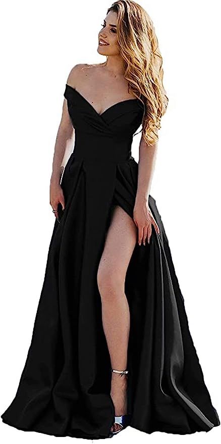 RIMOO Women's Off The Shoulder Prom Dresses with Slit Long Satin Formal Evening Party Gowns with ... | Amazon (US)