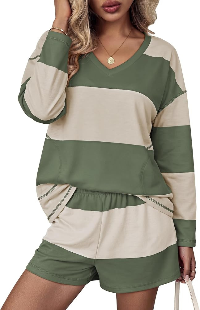 Ekouaer Two Piece Sets for Women Fall Lounge Sets Long Sleeve Shorts Set | Amazon (US)