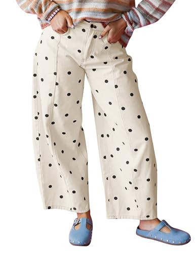 HOCANDY Womens Polka Dot Barrel Jeans Vintage Casual Baggy High Waisted Wide Leg Pants with Pockets Beige | Amazon (US)