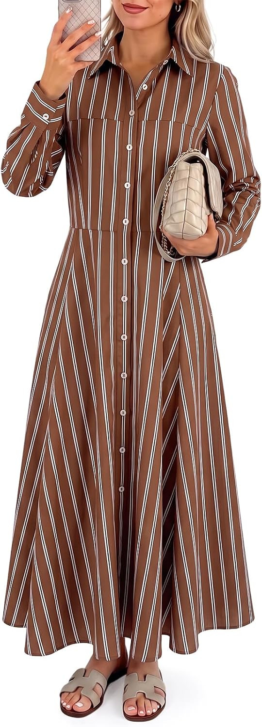 Wenrine Womens Striped Button Down Shirt Dresses Long Sleeve Maxi Dress | Amazon (US)