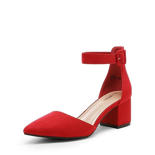 DREAM PAIRS ANNEE Pointed Toe Low Chunky Heels Pump Shoes,Size 5.5,Red/Suede,ANNEE | Amazon (US)