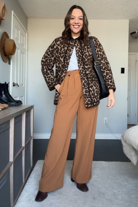 Workwear outfit inspiration!
-White T-shirt, I have a small 
-Leopard print cardigan, I have a medium 
-Brown tailored trousers, I have a size 40
-Black leather tote bag
-Brown leather ankle boots 

#LTKSeasonal #LTKstyletip #LTKfindsunder100