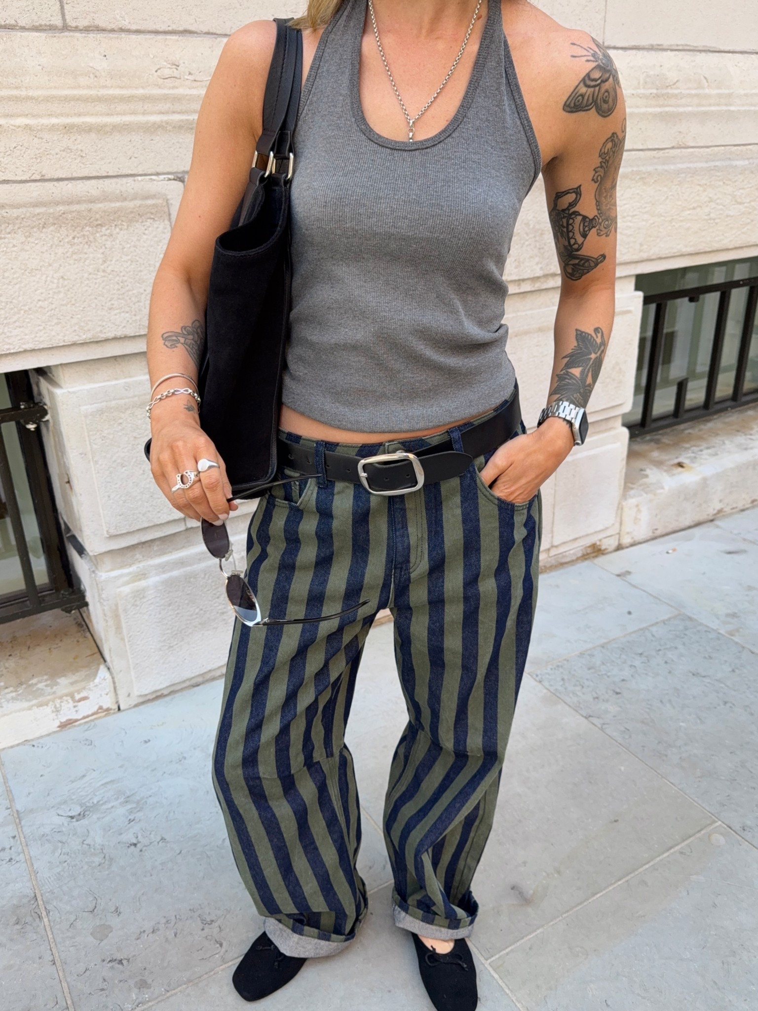 Ballon jeans, barrel jeans, stripes, halter neck, ballet flats, suede bag, summer outfit, baggy jeans, spring outfit

#LTKsummer #LTKuk #LTKspring