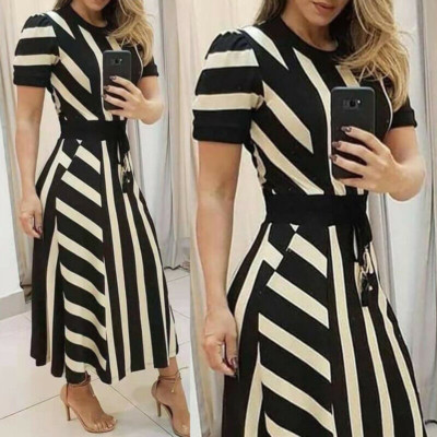 Elegant Women's Crew Neck Striped Long Dress Bodycon Short Sleeve Evening Party | eBay US