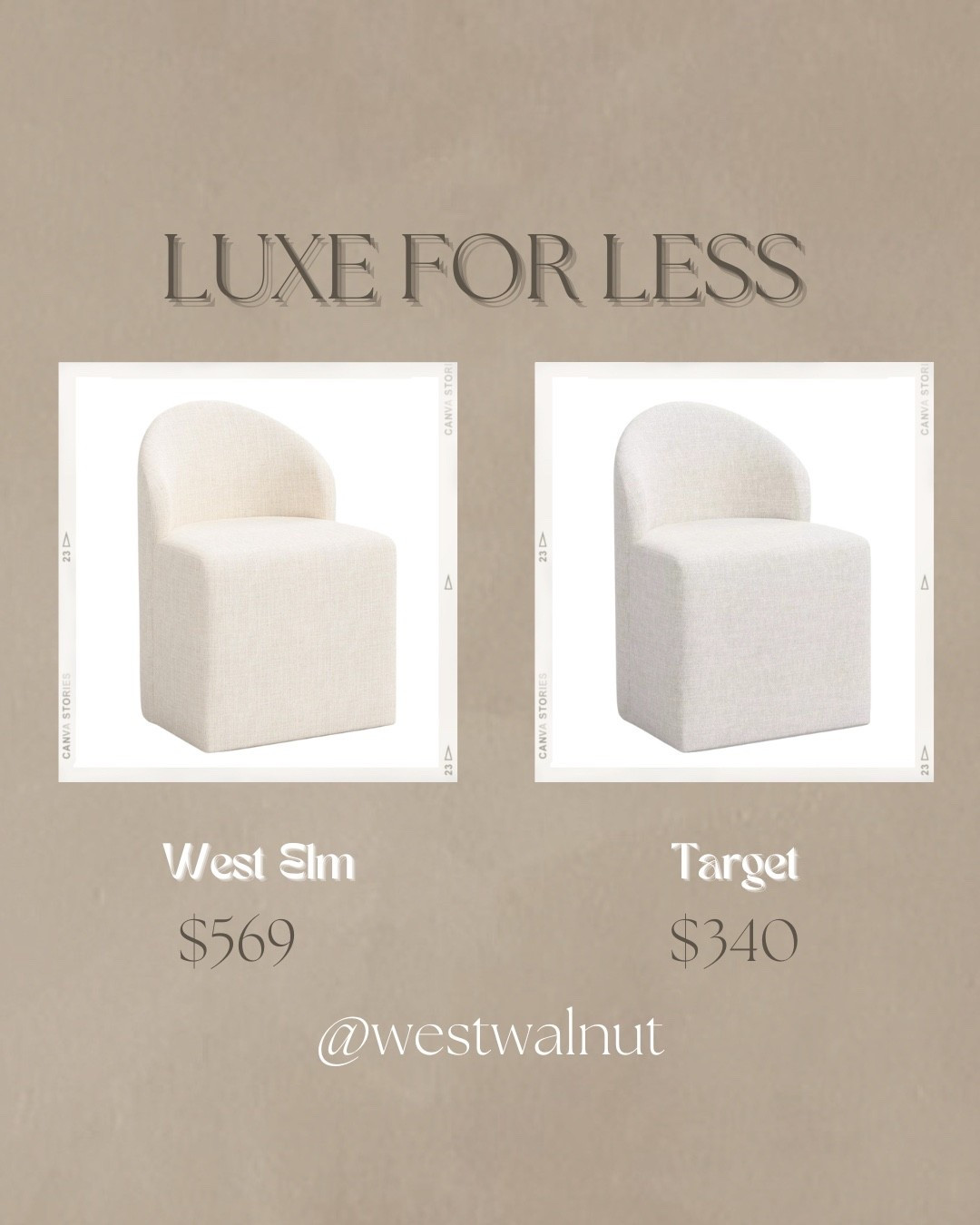 On the left is the Noosa Upholstered Dining Chair from West Elm. It is constructed with a solid rubberwood frame. 
Featured Fabric - Talc, Classic Linen
Dimensions: 32” (H) x 23” (W) x 23” (D)

On the right is the Ella Tub Upholstered Dining Chair - Threshold™ from Target. This chair is constructed with a wood chair.
Featured Fabric - Performance Textured Weave Flax
Dimensions: 32” (H) x 23” (W) x 23” (D)

#affordablefurniture #dupe #diningchair #luxeforless #furnituredupe #chairdupe

#LTKHome