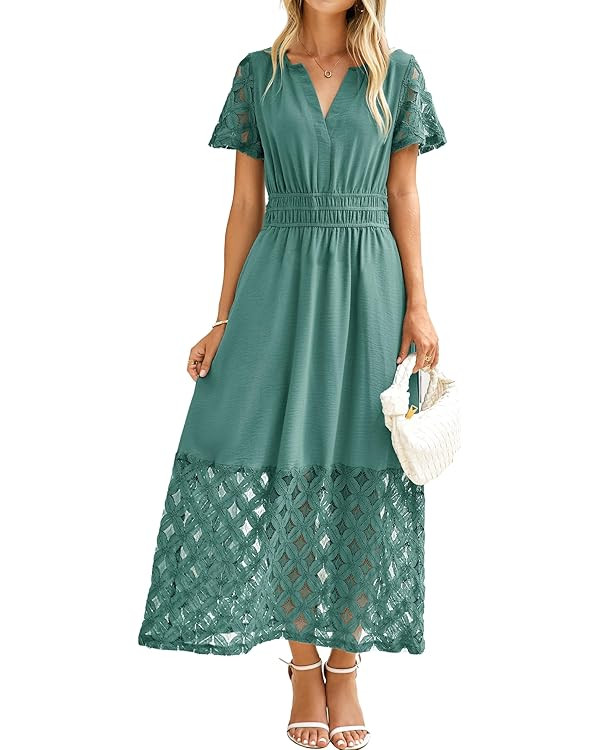 Simplee Womens 2025 Summer Boho Maxi Dress V Neck Empire Waist Long Flowy Dresses with Pockets | Amazon (US)