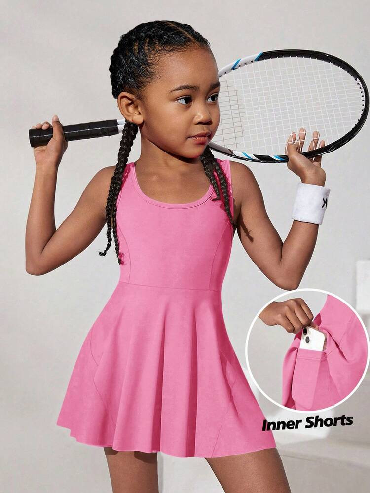 SHEIN Young Girl Solid Color Knit Close-Fitting Sleeveless Round Neck Casual Dress Sportswear | SHEIN